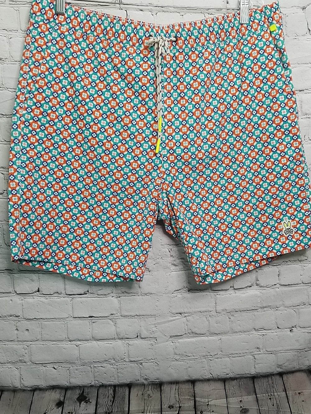 Psycho Bunny mens Orange/blue swim trunks size XXLarge drawstring waist EUC